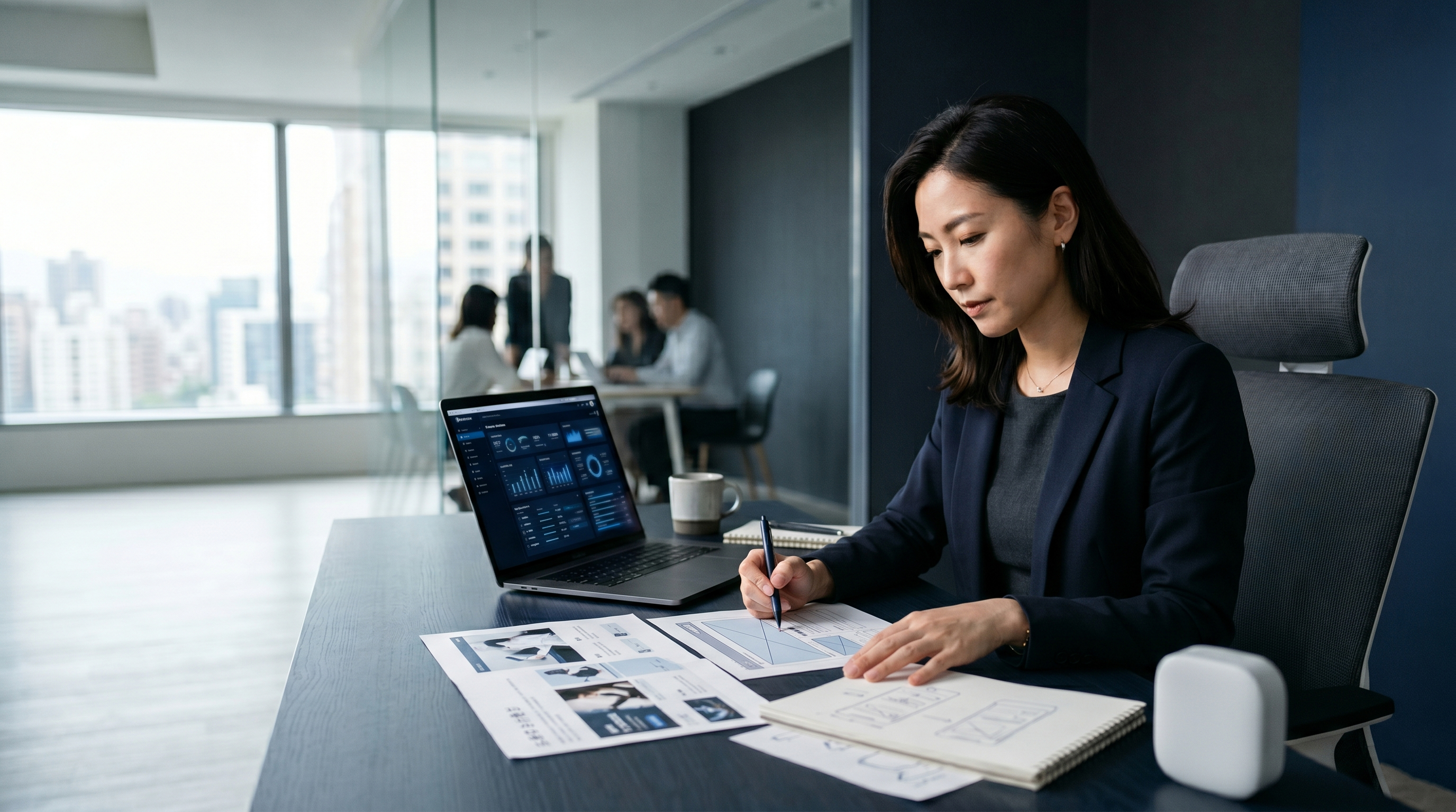 Product launch strategist reviewing campaign and conversion planning materials